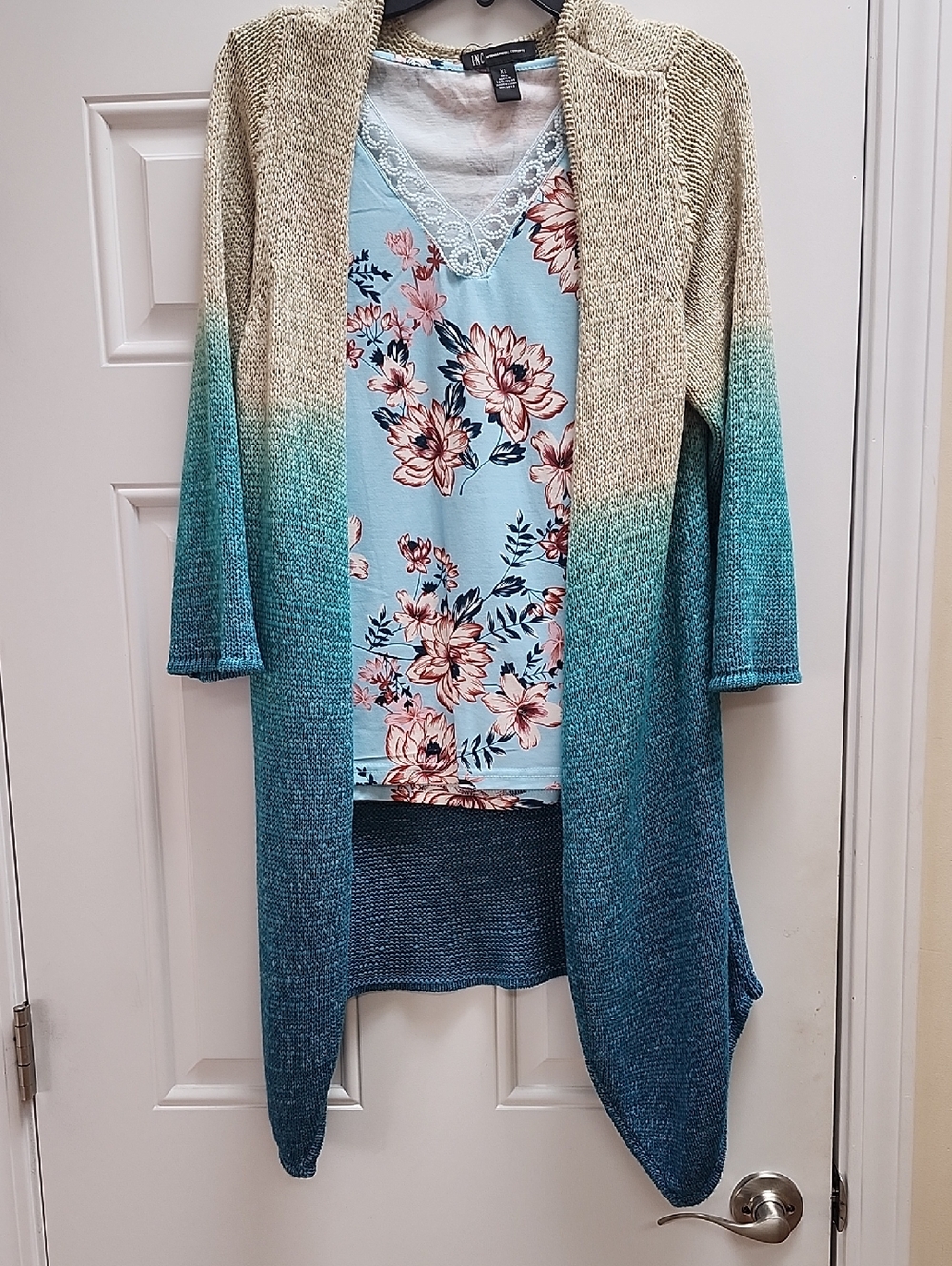 INC International Concepts Ombre Open-Front Cardigan in Beige to Teal